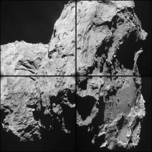 Four image montage of pictures of the comet 67P/Churyumov–Gerasimenko taken by the space probe Rosetta (Image ESA/Rosetta/NAVCAM)