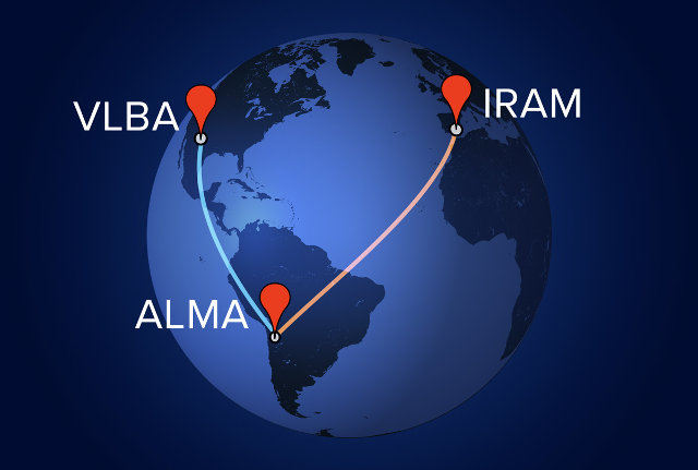 Scheme of ALMA combined with the IRAM and VLBA radio telescopes (Image A. Angelich (NRAO/AUI/NSF))