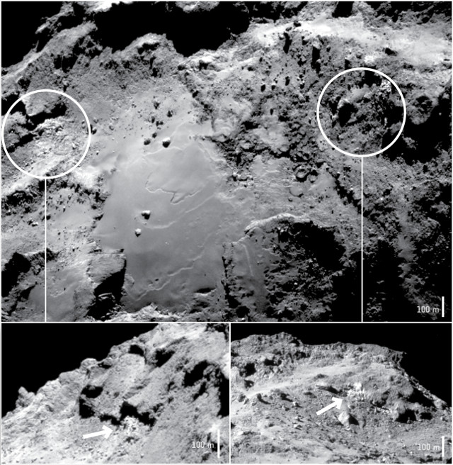 Photos of the Imhotep region on the comet 67P/Churyumov-Gerasimenko where water ice on the surface was confirmed (Image ESA/Rosetta/NavCam – CC BY-SA IGO 3.0)