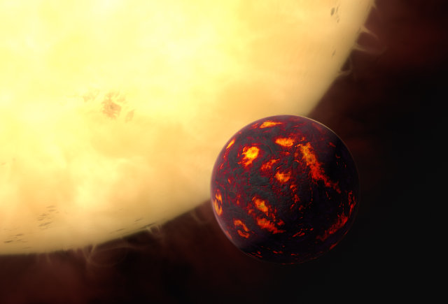 Artist’s impression of the exoplanet 55 Cancri e in front of its parent star (Image ESA/Hubble, M. Kornmesser)