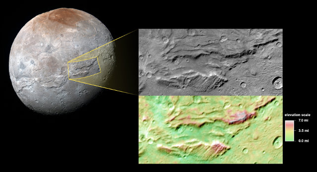 Charon's surface and in particular the area called Serenity Chasma (Image NASA/JHUAPL/SwRI)