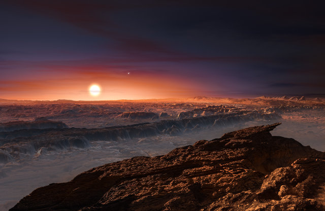Artistic concept of Proxima b's surface. In the upper-right of Proxima Centauri there are Alpha Centauri A and B (Image ESO/M. Kornmesser)
