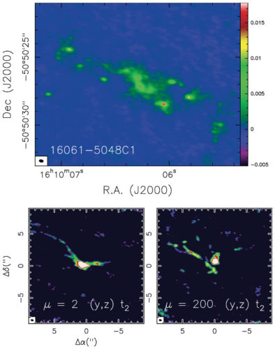 The molecular cloud IRAS 16061-5048C1 and in the lower panels images from computer simulations (Image courtesy Francesco Fontani/INAF)