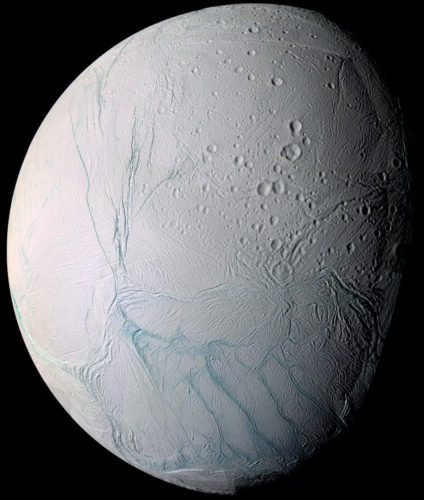 Enceladus with some tiger stripes in blue (Image NASA/JPL/Space Science Institute)