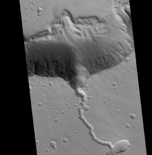 A solidified lava flow over the side of a crater rim of Elysium (Photo NASA HiRISE image, David Susko, LSU)