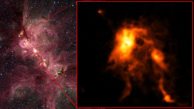 The Cat's Paw Nebula and the protostar NGC 6334I-MM1 (Image ALMA (ESO/NAOJ/NRAO), T. Hunter; C. Brogan, B. Saxton (NRAO/AUI/NSF); GLIMPSE, NASA/JPL-Caltech)