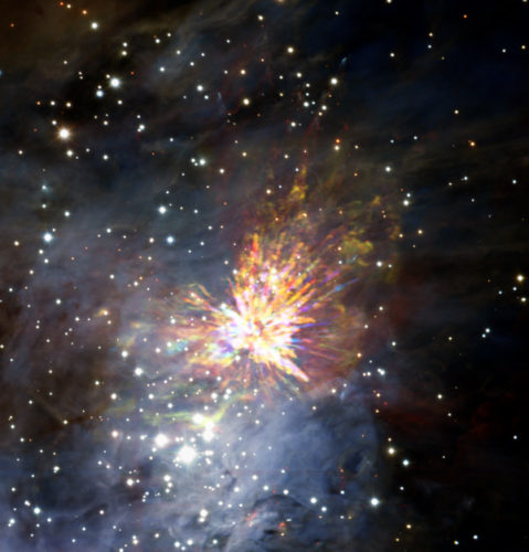 The explosion in the Orion Molecular Cloud 1 (Image ALMA (ESO/NAOJ/NRAO), J. Bally/H. Drass et al.)