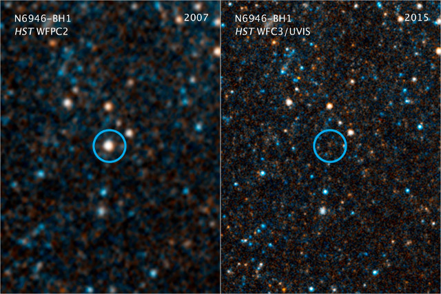 The area where the star N6946-BH1 used to be before and after its disappearance (Image NASA/ESA/C. Kochanek (OSU))