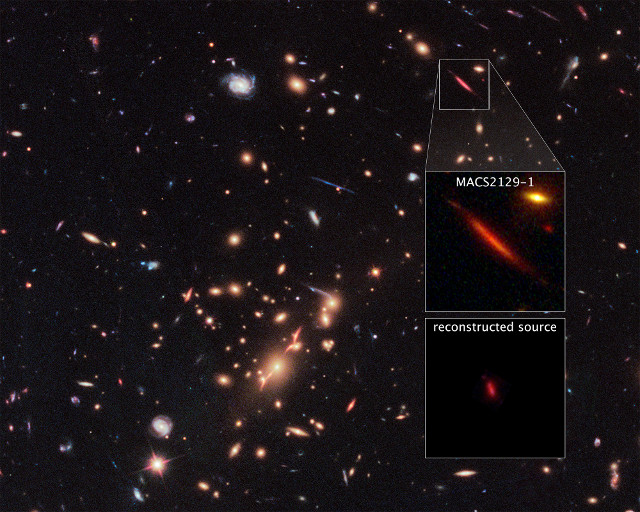The galaxy cluster MACS J2129-0741 and the galaxy MACS2129-1 (Image NASA, ESA, and S. Toft (University of Copenhagen), M. Postman (STScI), and the CLASH team)