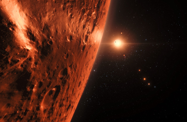 Artist's impressione of the TRAPPIST-1 system seen from one of its planets (Image ESO/N. Bartmann/spaceengine.org)
