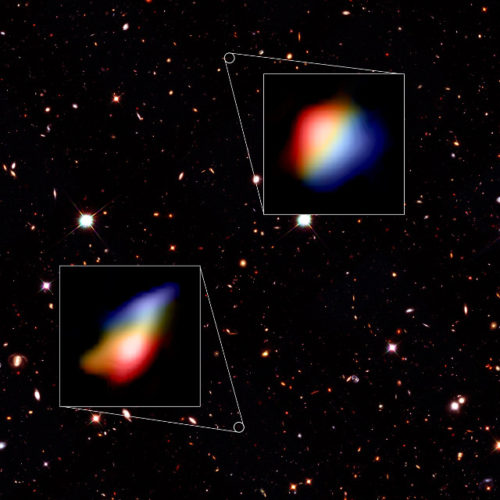 The early galaxies observed by ALMA in the sky observed by Hubble (Image Hubble (NASA/ESA), ALMA (ESO/NAOJ/NRAO), P. Oesch (University of Geneva) and R. Smit (University of Cambridge))
