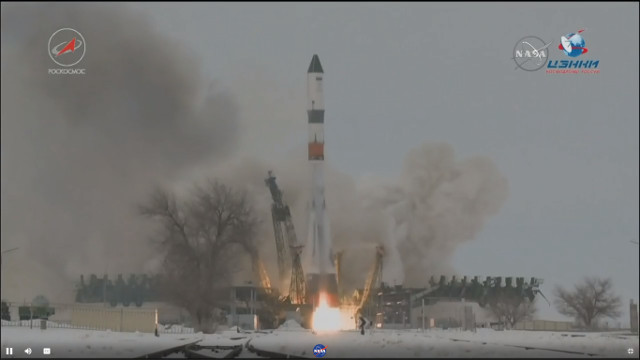 The Progress MS-8 space cargo ship blasting off atop a Soyuz 2.1a rocket (Image NASA TV)