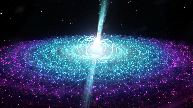 Artist's concept of neutron star with jets of material, magnetic field and accretion disk (Image courtesy ICRAR/Universiteit van Amsterdam)