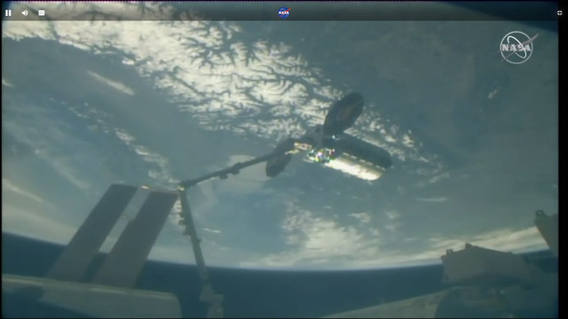 The Cygnus cargo spacecraft captured by the Canadarm2 robotic arm (Image NASA TV)