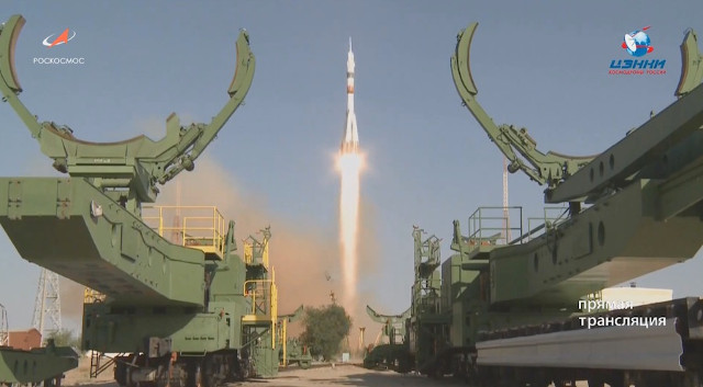 The Soyuz MS-14 spacecraft blasting off atop a Soyuz 2.1a rocket (Image courtesy Roscosmos)