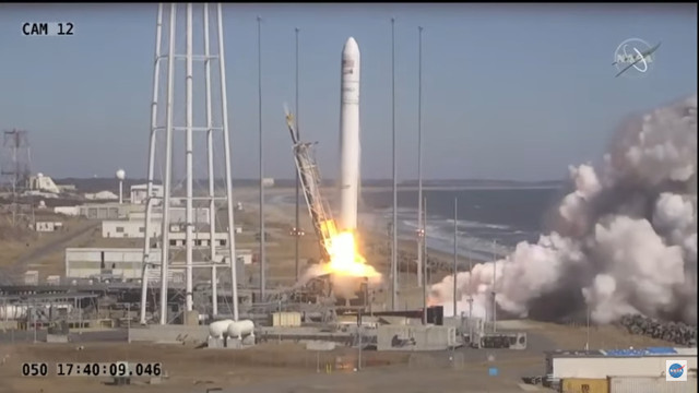 The Cygnus S.S. Piers Sellers cargo spacecraft blasting off atop an Antares rocket (Image NASA TV)