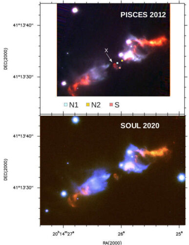 Photographs of the protostar IRAS20126+4104 and its material jets taken in 2012 and 2020 using the FLAO/PISCES and SOUL/LUCI1 instruments