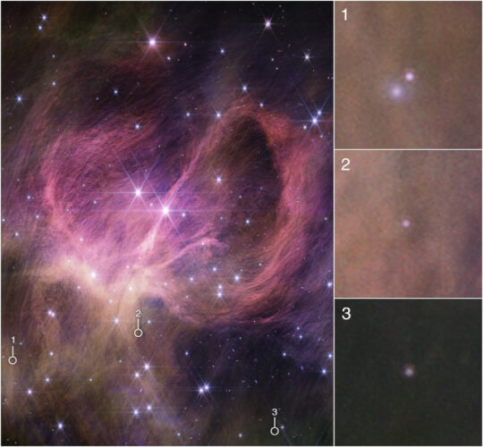 central area of the star-forming area IC 348 seen by the James Webb Space Telescope's NIRCam instrument. Zooms in the insets show the three brown dwarfs discovered in this study.