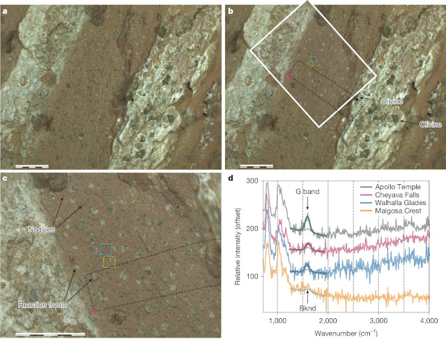 Some views of the rock Cheyava Falls with spectroscopic results (d) from the examination of samples from the area
