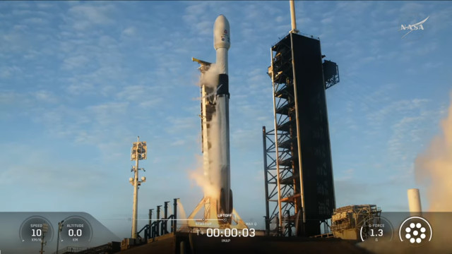 The Carruthers Geocorona Observatory, IMAP (Interstellar Mapping and Acceleration Probe), and Space Weather Follow On-Lagrange 1 (SWFO-L1) space probe blasting off atop a Falcon 9 rocket (Image NASA+)