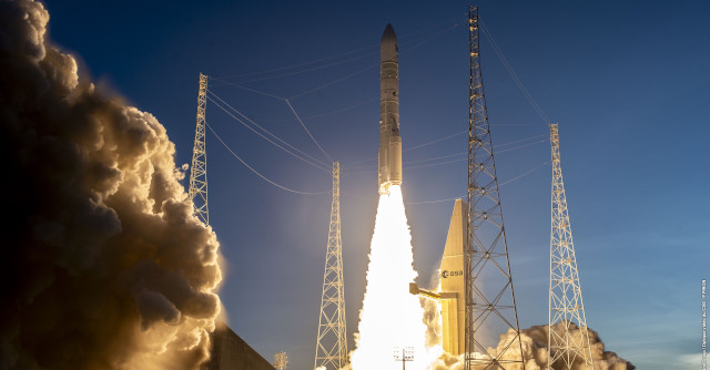 The Sentinel-1D satellite blasting off atop an Ariane 6 rocket (Photo courtesy ESA-CNES-ARIANESPACE/Optique vidéo du CSG–P. Piron. ESA Standard Licence)