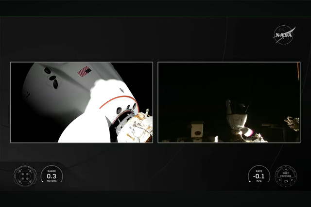 Views of the Crew Dragon Freedom spacecraft docking with the International Space Station in its Crew-12 mission (Image NASA+)