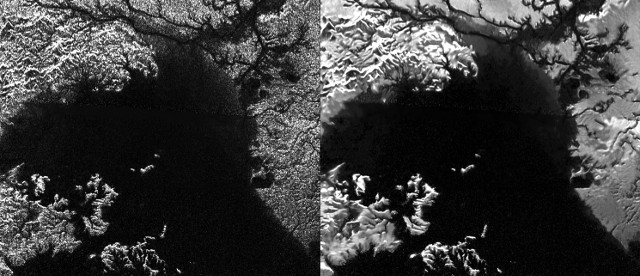 A comparison of the map of Ligeia Mare on Titan before and after the application of despeckling (Image NASA/JPL-Caltech/ASI)