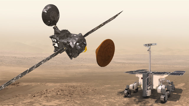 Artistic representation of Trace Gas Orbiter, Schiaparelli and the ExoMars rover at Mars (Image ESA/ATG medialab)