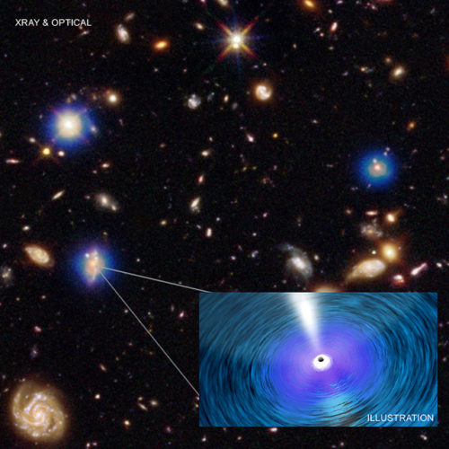 Supermassive black holes in the Chandra Deep Field-South (Image NASA/CXC/Penn. State/G. Yang et al and NASA/CXC/ICE/M. Mezcua et al.; Optical: NASA/STScI; Illustration: NASA/CXC/A. Jubett)