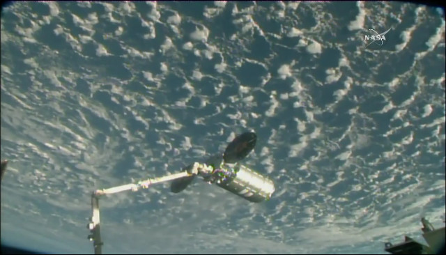 The Cygnus cargo spacecraft captured by Canadarm2 robotic arm (Image NASA TV)