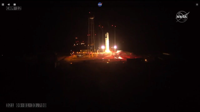 The Cygnus John Young cargo spacecraft blasting off atop an Antares rocket (Image NASA TV)
