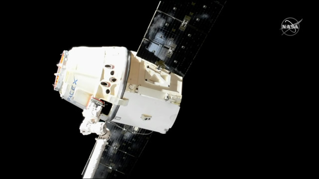 The Dragon cargo spacecraft departing the International Space Station to end its CRS-17 mission (Image NASA TV)