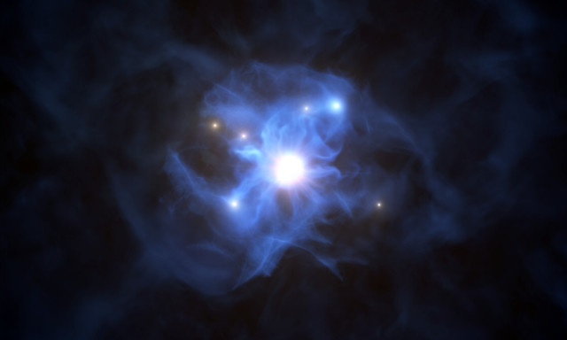 Artist's concept of a supermassive black hole surrounded by galaxies within a cosmic web (Image ESO/L. Calçada)