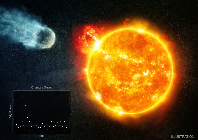 Artistic representation of Barnard's Star with a rocky planet hit by a flare with an X-ray component