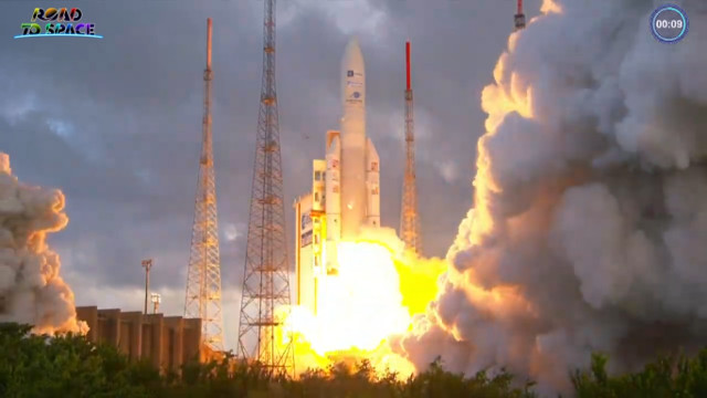 The satellites Star One D2 and Eutelsat Quantum blasting off atop an Ariane 5 rocket (Image courtesy Arianespace)