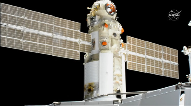 Nauka/MLM docking with the International Space Station (Image NASA TV)