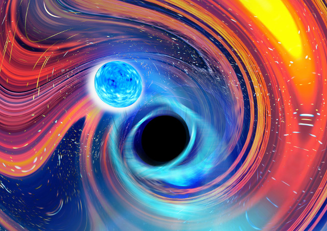 Artist's concept of merger between a black hole and a neutron star. (Image courtesy Carl Knox, OzGrav - Swinburne University)