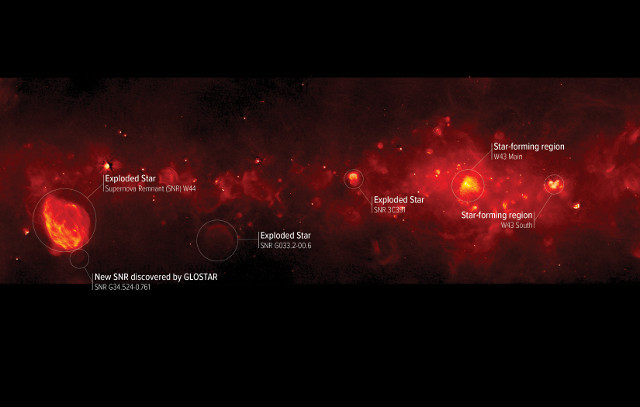 A segment of the Milky Way with labels indicating both stellar nurseries and supernova remnants