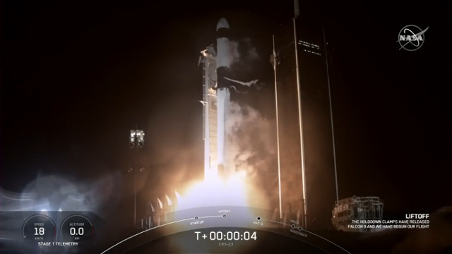 The Dragon 2 cargo spacecraft starting its CRS-23 mission blasting off atop a Falcon 9 rocket (Image NASA TV)