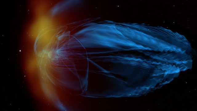 Artist's concept of a coronal mass ejection hitting young Earth's weak magnetosphere (Image NASA/GSFC/CIL)