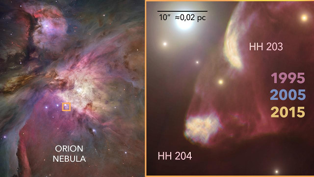 The Orion Nebula seen by the Hubble Space Telescope and on the right the zoom of HH204 with its jet of materials