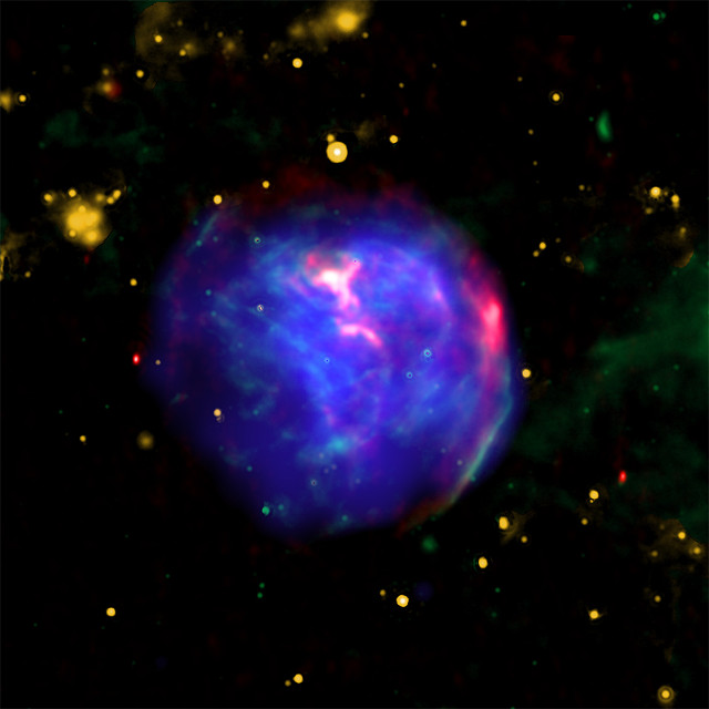 Composite image of G344.7-0.1 (X-ray: NASA/CXC/Tokyo Univ. of Science/K. Fukushima, et al.; IR: NASA/JPL/Spitzer; Radio: CSIRO/ATNF/ATCA)