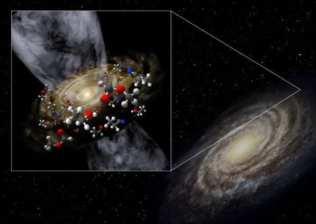 Artist's concept of the Milky Way and the protostar surrounded by complex organic molecules (Image courtesy Niigata University)