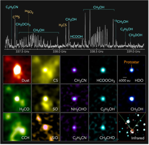 The traces of various molecules in the protostar's emissions seen by ALMA along with an infrared view
