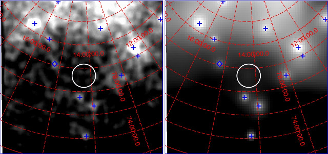 The area around Calvera (in the circle) observed by the Fermi space telescope's LAT instrument