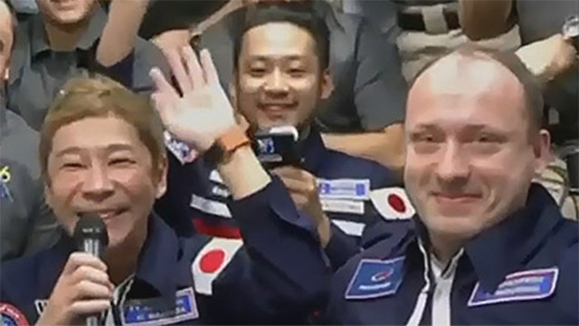 Yusaku Maezawa, Alexander Misurkin, and Yozo Hirano on the International Space Station (Image NASA TV)