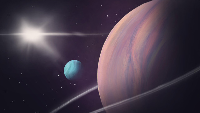 Artist's concept of the exoplanet Kepler-1708 b with its moon (Image courtesy Helena Valenzuela Widerström)