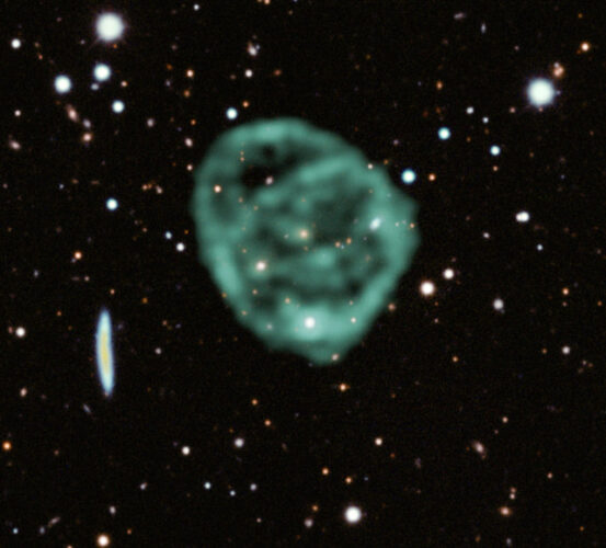 ORC1 seen by MeerKAT and in the background optical data from the Dark Energy Survey (Image J. English (U. Manitoba)/EMU/MeerKAT/DES(CTIO))