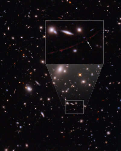 Earendel, indicated by an arrow, seen by Hubble (Image NASA, ESA, B. Welch (JHU), D. Coe (STScI), A. Pagan (STScI) )