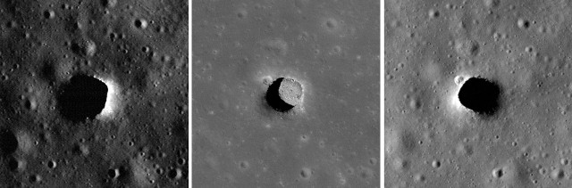 Three views of a pit in the Marius Hills in Oceanus Procellarum on the Moon